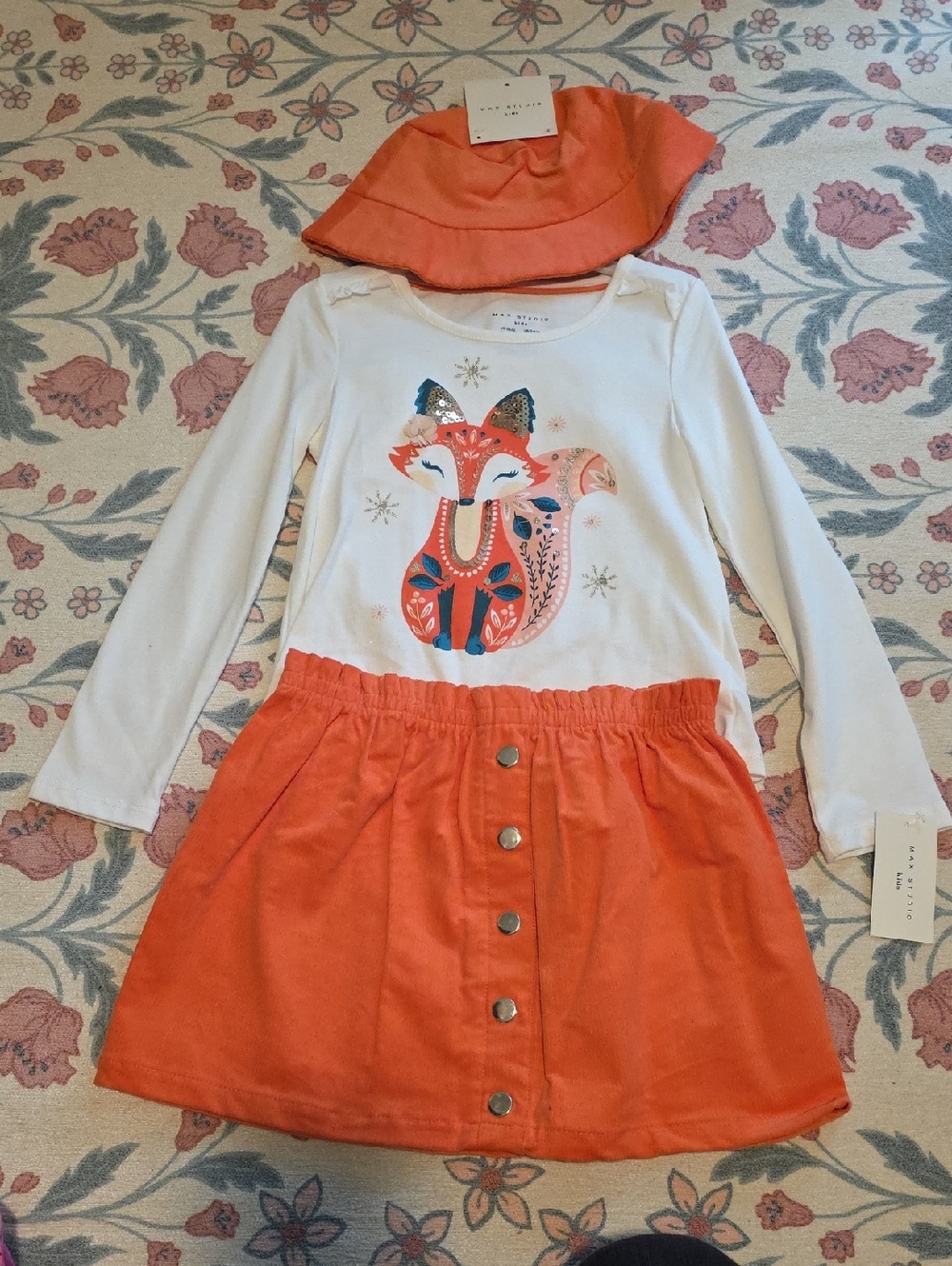 Max Studio Girls Orange Fox Matching Set with Hat